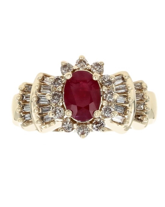 Ruby and Diamond Halo Ring in Yellow Gold